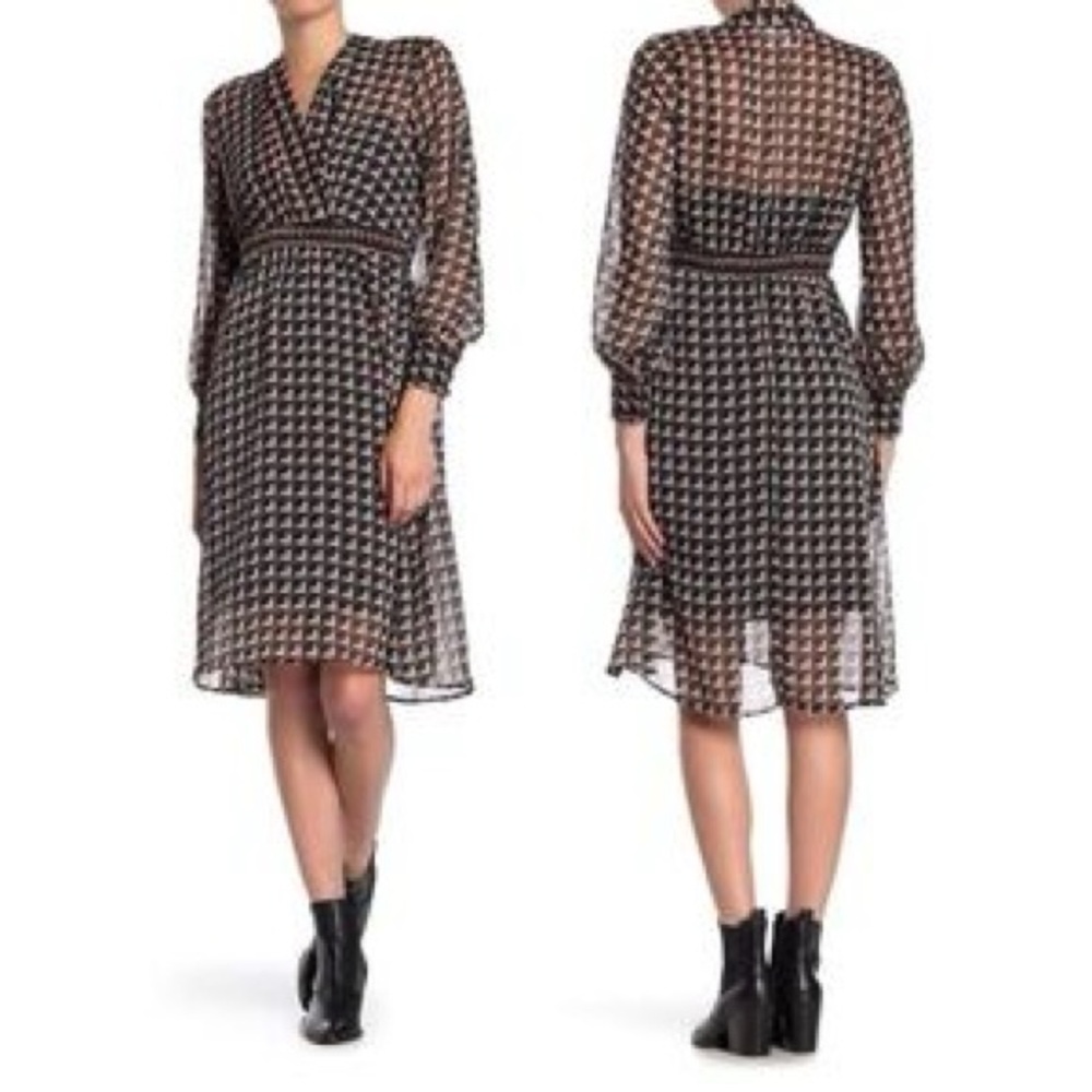 Superfoxx geometric sheer long sleeve midi dress